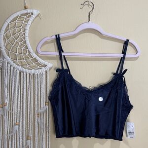Elegant Navy Lace Trim Crop Top